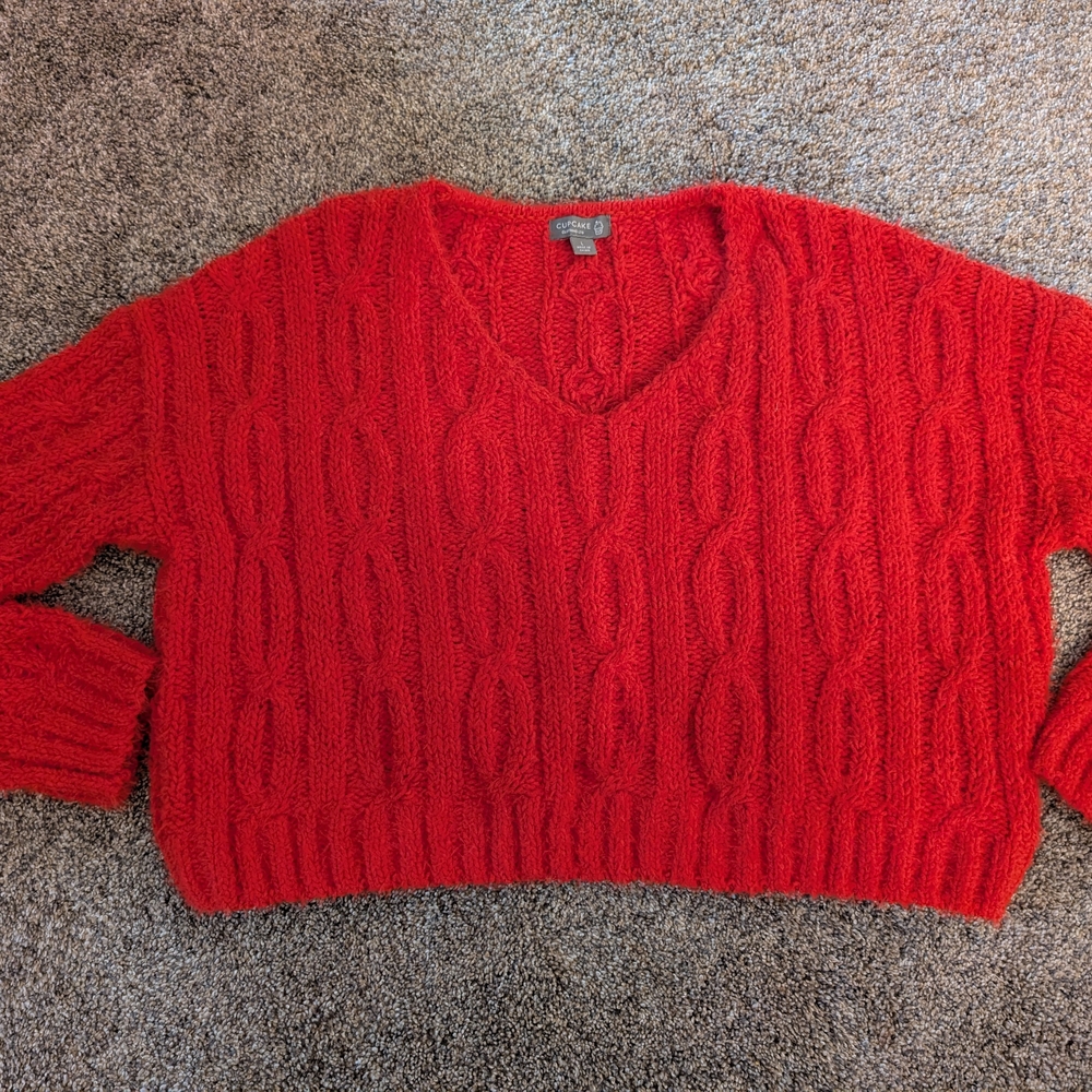 Vibrant Red V-Neck Cable Knit Sweater By Cupcake Clothing LTD Size Large EUC